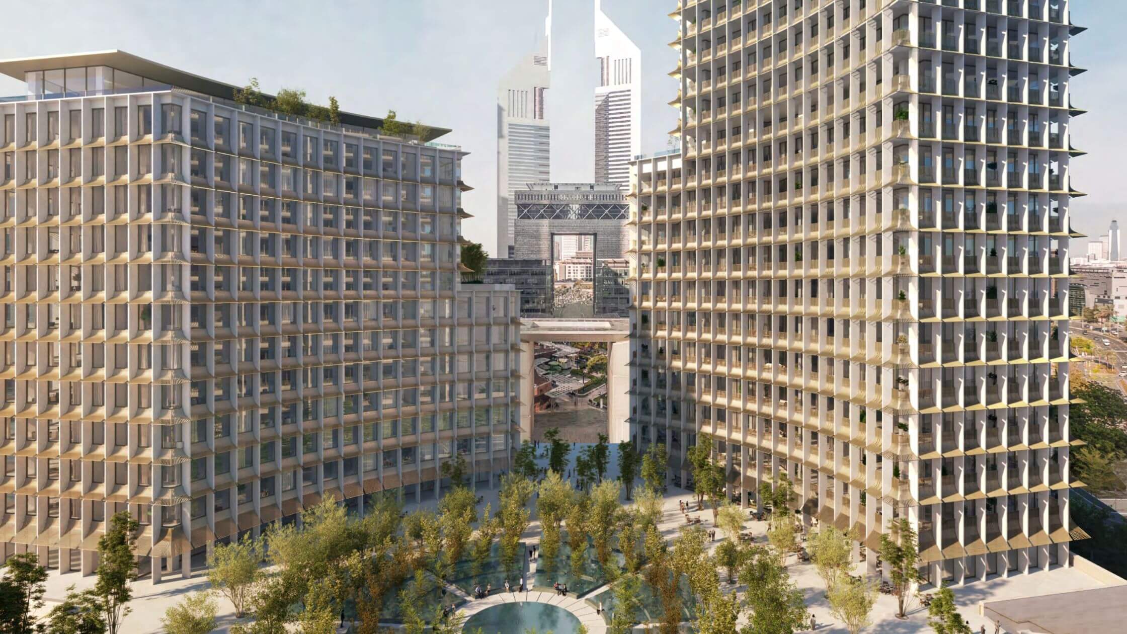 Four Seasons DIFC Hero Architectural rendering of the Four Seasons Private Residences DIFC in Dubai showcasing modern luxury design and urban greenery