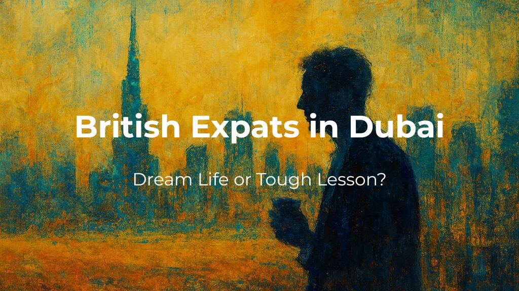 British Expats in Dubai – Dream Life or Tough Lesson? Silhouette of a man holding coffee, with a textured artistic rendering of the Dubai skyline in the background. Text reads: 'British Expats in Dubai – Dream Life or Tough Lesson?'