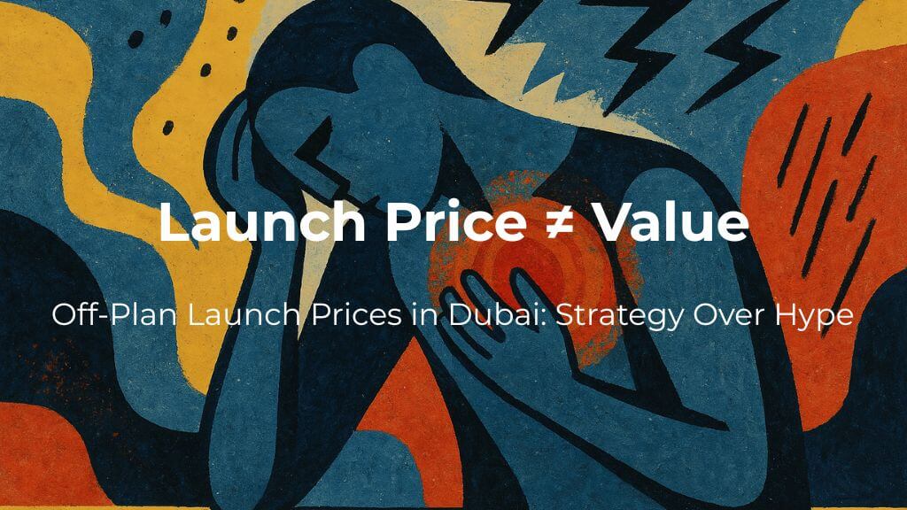Off-Plan Launch Prices in Dubai – Strategy Over Hype Investor-focused abstract image with text 'Launch Price ≠ Value' related to off-plan property strategy in Dubai