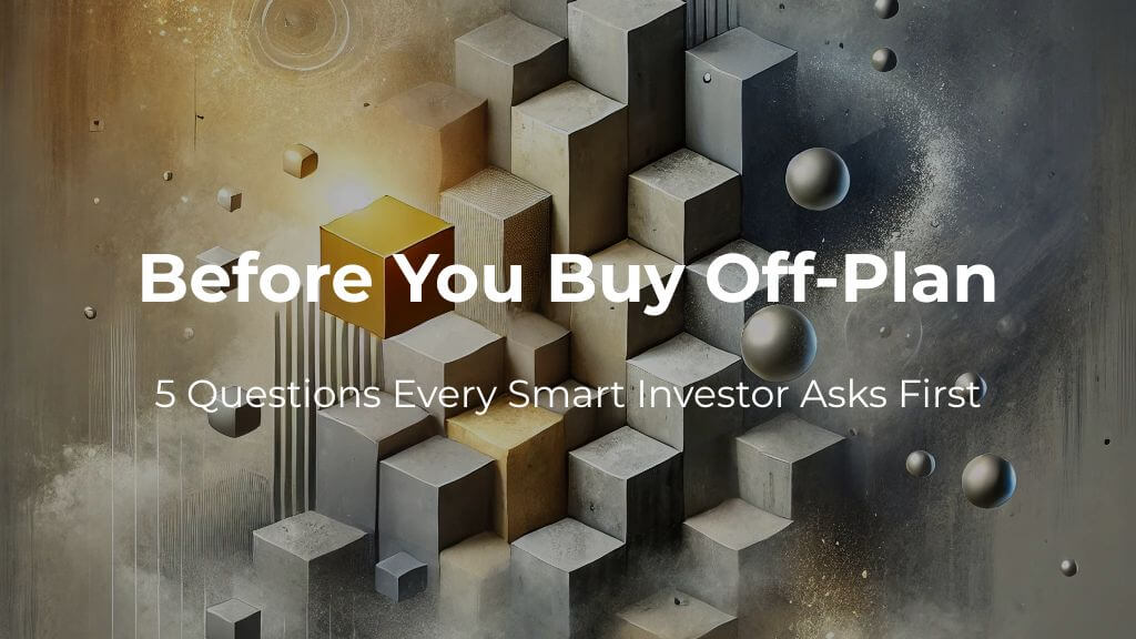 Before You Buy Off-Plan: 5 Questions Every Smart Investor Asks First Abstract visual representation of off-plan investment decision-making, with geometric forms and a golden cube symbolizing smart choices in real estate