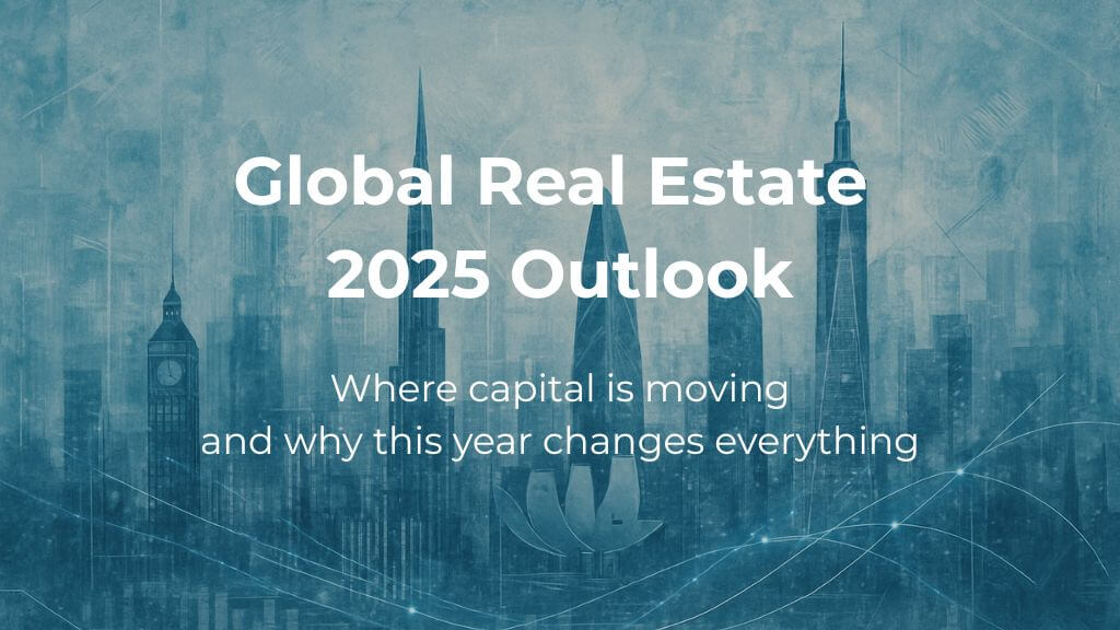 Global Real Estate Outlook 2025 Global skyline representing international real estate trends with title overlay “Global Real Estate 2025 Outlook
