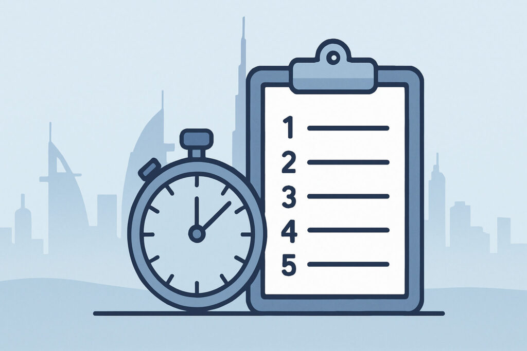 The 10‑Minute Good‑Deal Test Stopwatch and numbered checklist icons over Dubai skyline - 10‑minute test