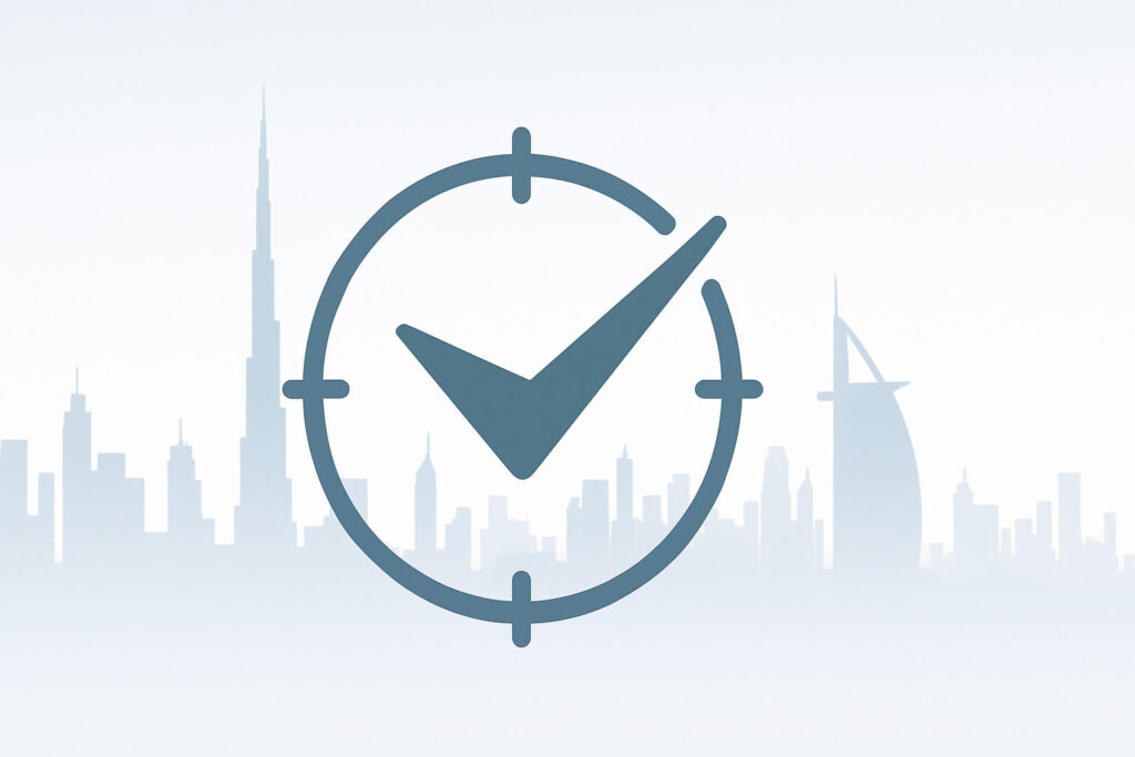Conclusion - Buy Right, With Confidence Compass with a checkmark over Dubai skyline -- confident decision