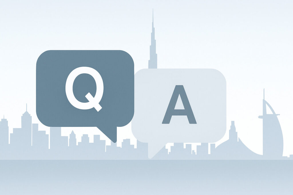 Quick Answers for Dubai Buyers Speech bubbles with Q and A letters over Dubai skyline