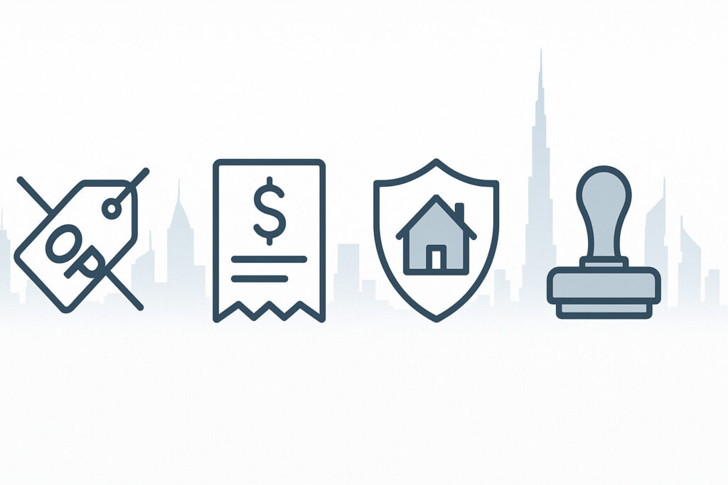 Dubai‑Specific Rules - OP, OA Fees, Off‑Plan, Fees Icons for OP tag, service‑charge bill, escrow shield, and DLD stamp over skyline