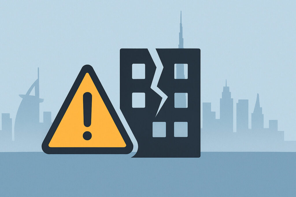Red Flags - When to Walk Away Warning triangle beside a cracked building icon over Dubai skyline