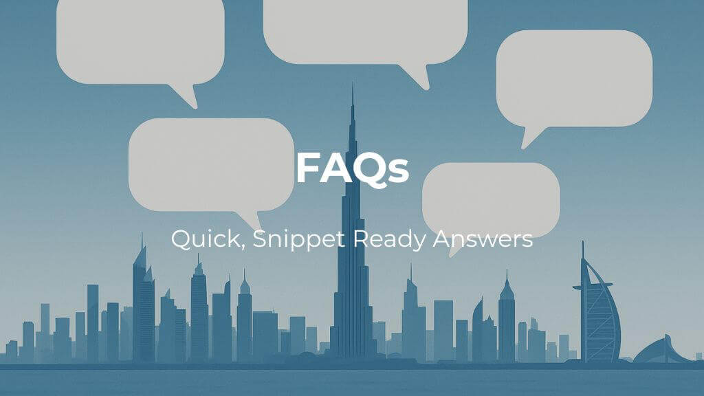 FAQs Rent vs Buy in Dubai Speech‑bubble shapes over Dubai skyline.