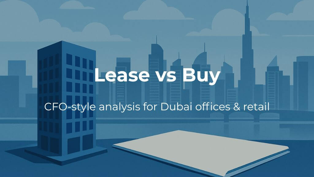 Lease or Buy (Commercial) Small office‑tower model and blank folder on desk with Business Bay skyline.