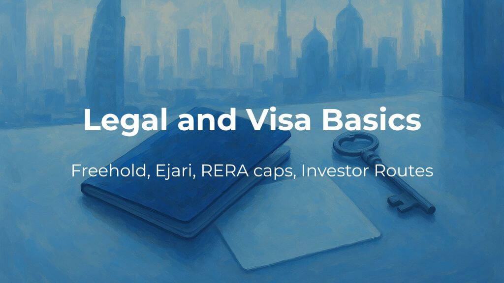 Legal & Visa Essentials Passport, key, and blank deed card on desk with civic building silhouette.