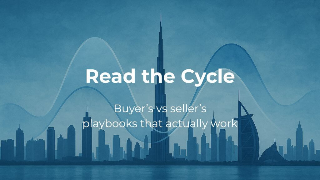Strategy by Cycle Translucent wave curve over Dubai skyline symbolizing market cycles.